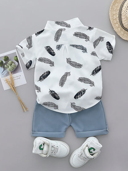 Infant Toddler Summer Feather Print Shirt and Shorts Set