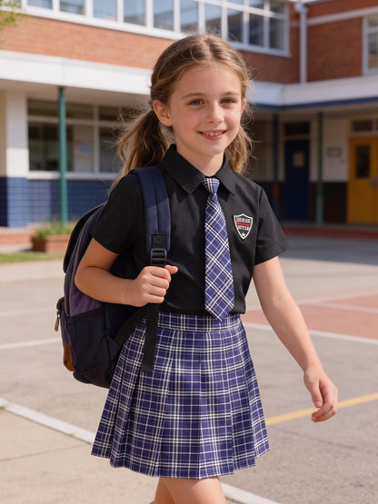 Girls' Preppy Short-Sleeve Shirt & Pleated Skirt Set for Summer