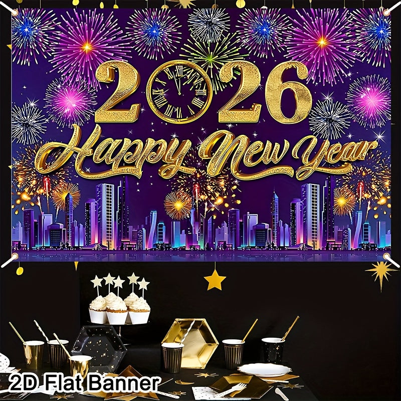2D Flat, 1pc 2026 Happy New Year Party Backdrop Banner - 80x120cm Polyester Champagne & Cityscape Design, Golden & Purple Fireworks, Festive New Year'S Eve Decor for Home, No Electricity Needed, New Year Decorations, Flag For