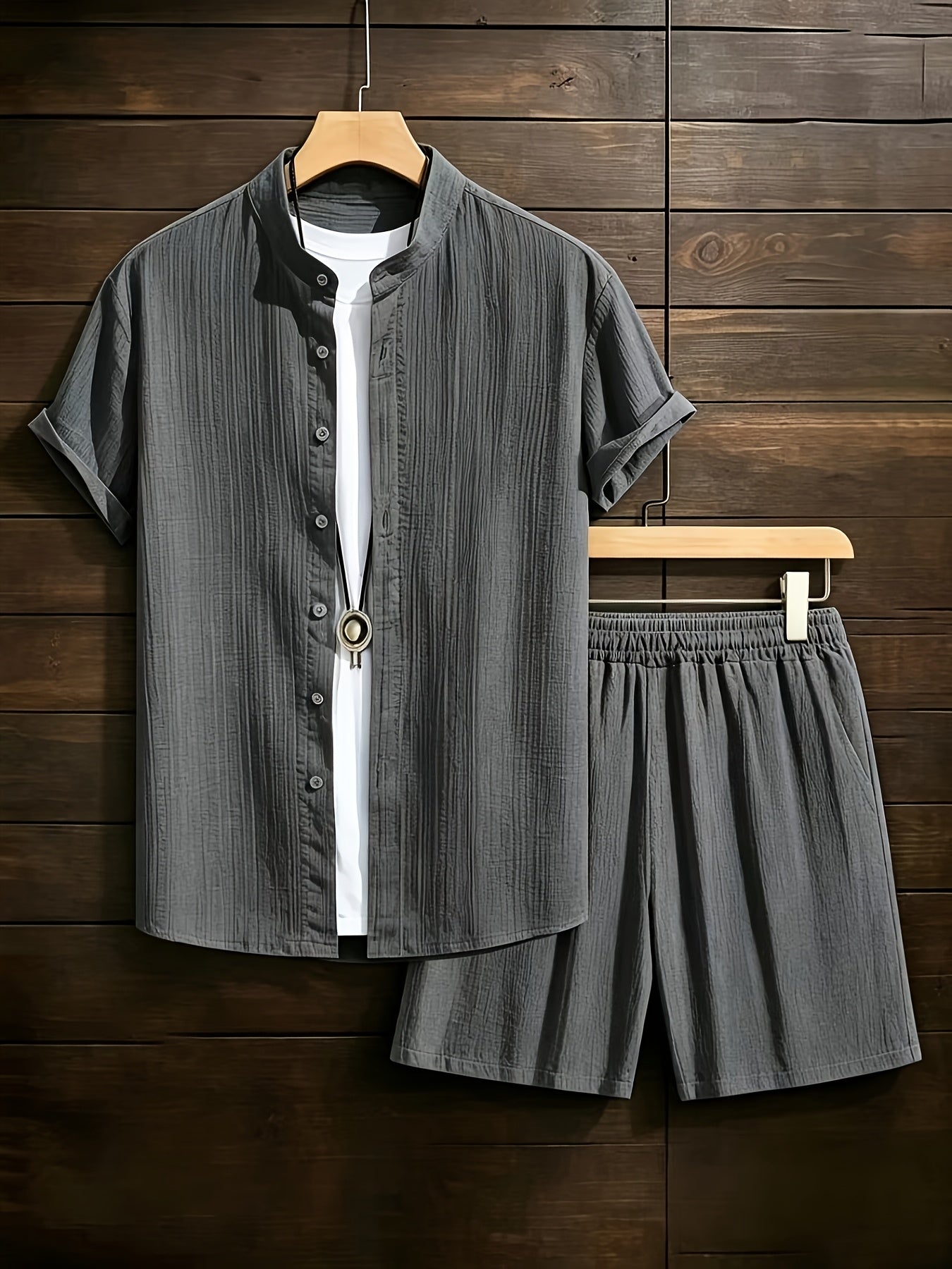 Men's Casual Summer 2-Piece Set: Stand Collar Shirt & Shorts