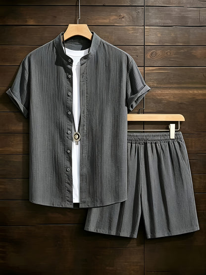 Men's Casual Summer 2-Piece Set: Stand Collar Shirt & Shorts