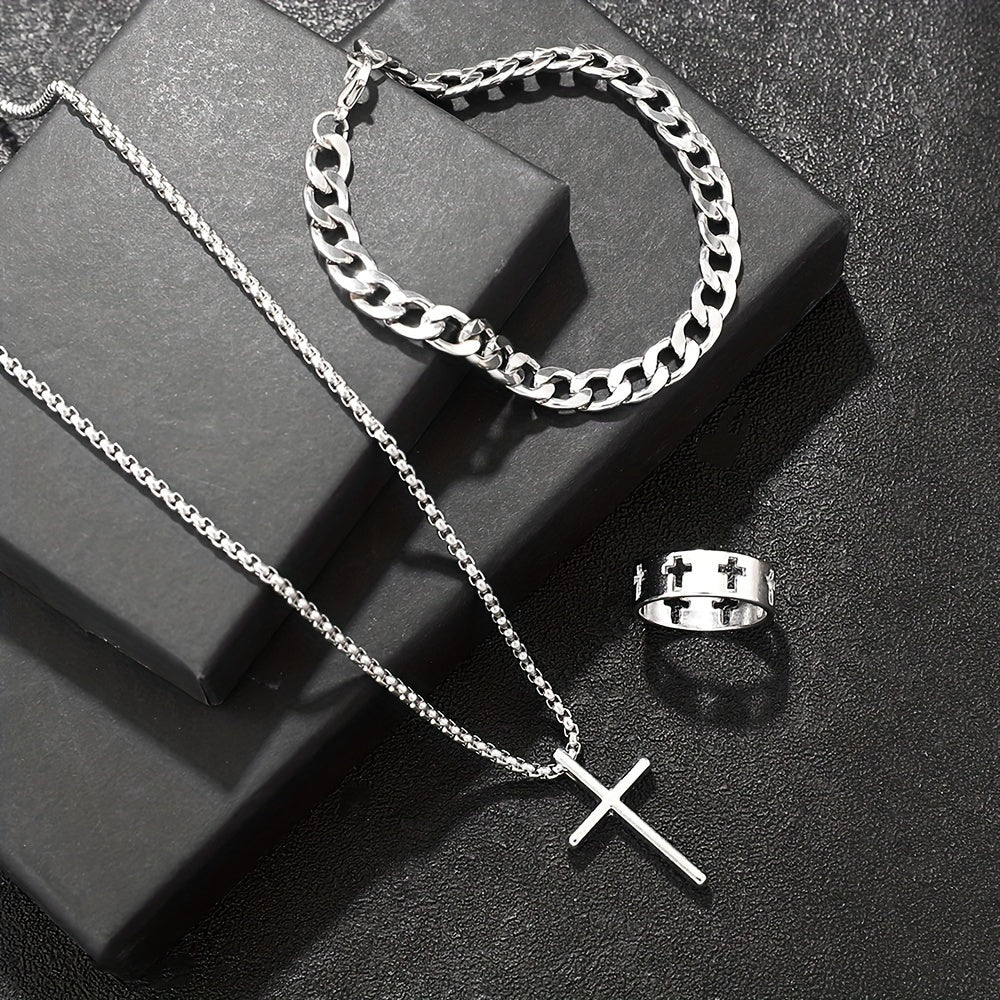 3pcs 's Fashion Jewelry Set: Hip Hop Bracelet, Necklace & Ring - Alloy Gift for Boyfriend/Husband, for Teenager