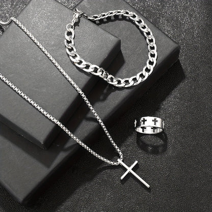3pcs 's Fashion Jewelry Set: Hip Hop Bracelet, Necklace & Ring - Alloy Gift for Boyfriend/Husband, for Teenager