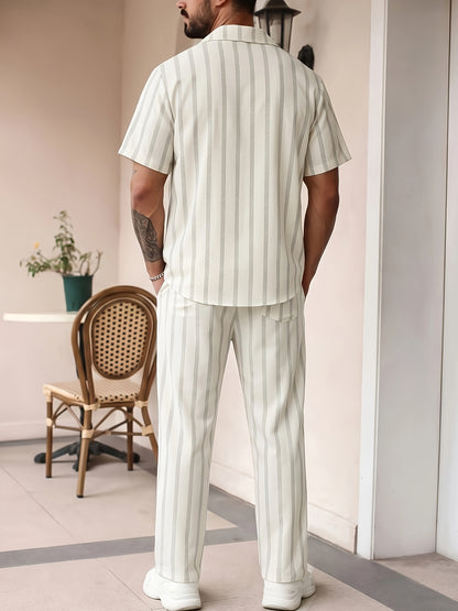 Men's Summer Vertical Stripe Suit Set with Lapel Shirt & Pants