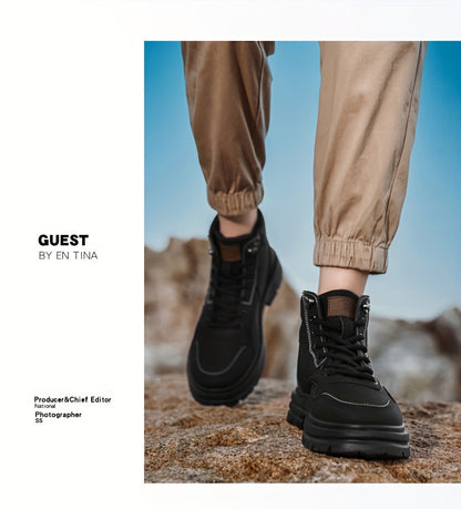 Men's Trendy Solid Ankle Boots, Comfy Non Slip Lace Up Durable Shoes for Men's Outdoor Activities