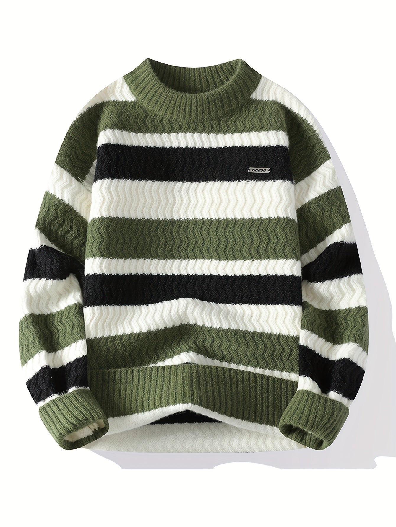 Men'S Thick Warm Sweater - Long Sleeve Round Neck Pullover with Vertical Stripes in Green/ - Cozy Fall/Winter Sweater for Everyday & Formal Outfits, Knit, Winter Clothing, Classic Knitwear, Ribbed Texture, Casual Wear, Stylis