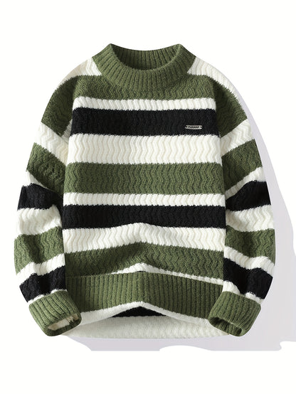 Men'S Thick Warm Sweater - Long Sleeve Round Neck Pullover with Vertical Stripes in Green/ - Cozy Fall/Winter Sweater for Everyday & Formal Outfits, Knit, Winter Clothing, Classic Knitwear, Ribbed Texture, Casual Wear, Stylis