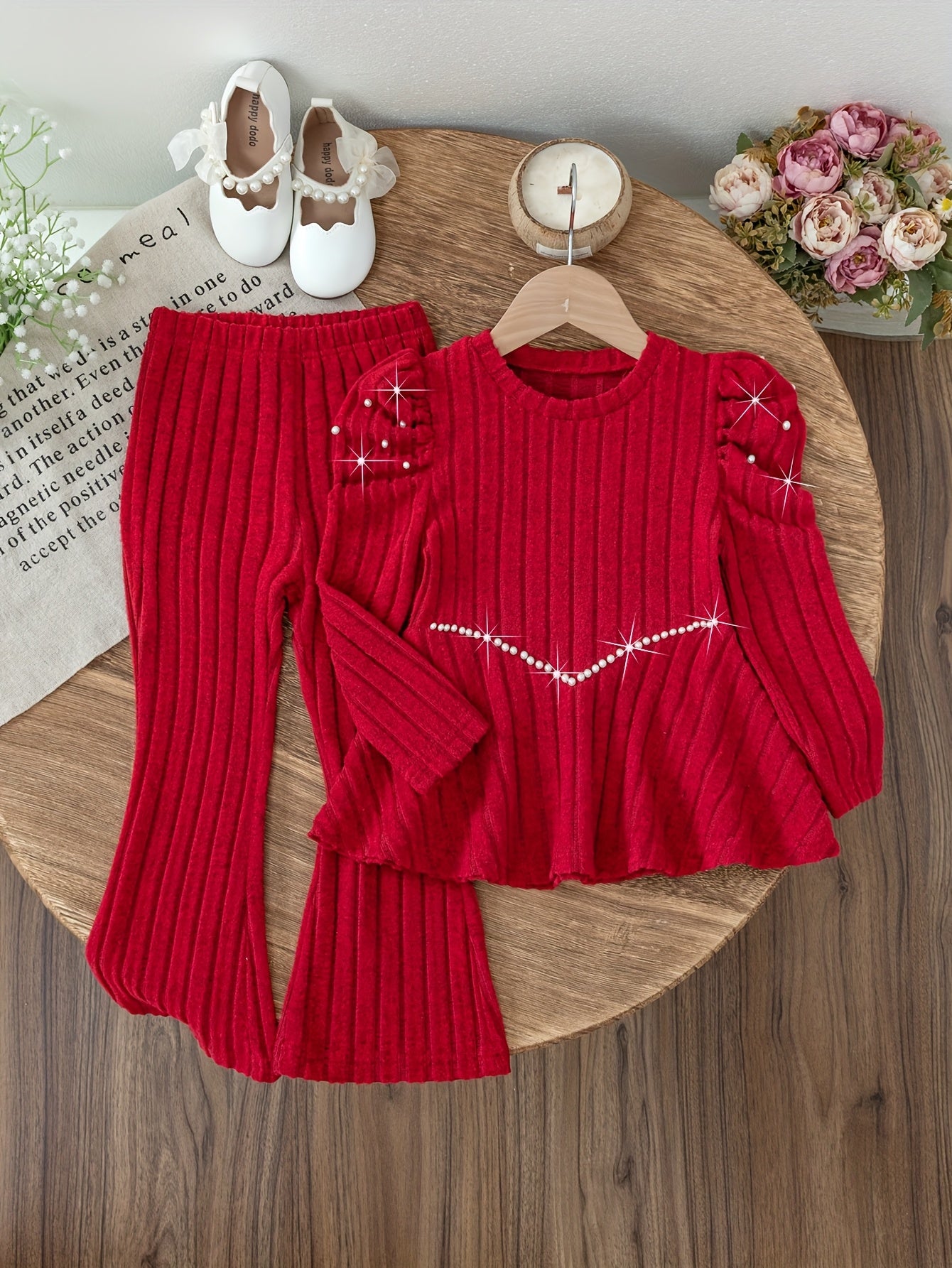 Young Girl Fashion Casual Solid Color Striped Beaded Pleated Shoulder Long Sleeve Round Neck V-Neck Mid-Rise Pullover with Matching Elastic Waist Flared Pants for, for Outdoor