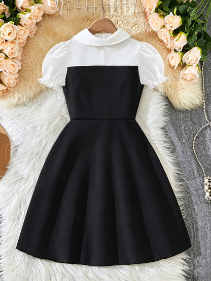 Girls' Casual Short-Sleeve Dress with Golden Chain Accent