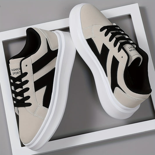 Men's Casual Athletic Sneakers - Comfortable Low-Top Lace-Up Shoes with Geometric Design, Black  Beige, EVA Sole, Microfiber Upper for Casual Attire and Sports