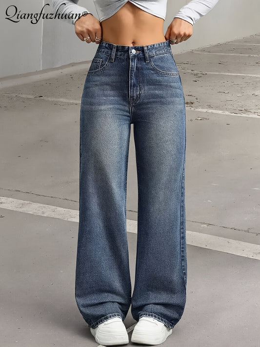 Women’s Slim Fit Washed Blue Straight Leg Denim Jeans - ayq