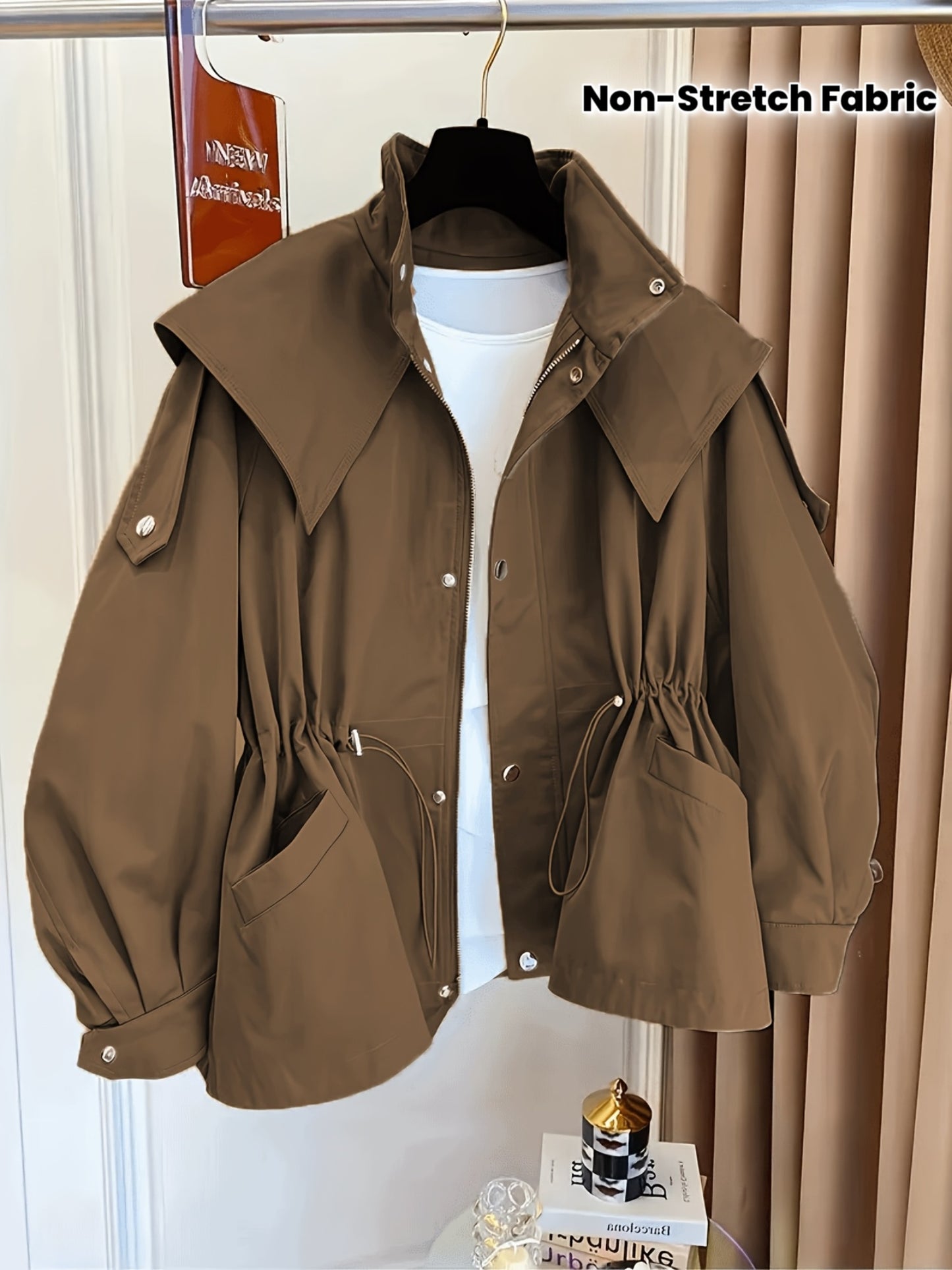 Women'S Casual Solid Color Polyester Overcoat with Drawstring Waist, Lapel Collar, and Chest Pockets - Spring and Fall Fashion, Comfortable, Non-Stretch Fabric, Casual Outerwear | Classic Long Sleeve | Nonstretch Materia