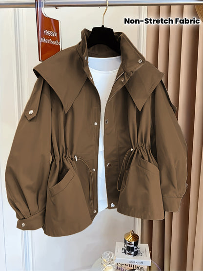 Women'S Casual Solid Color Polyester Overcoat with Drawstring Waist, Lapel Collar, and Chest Pockets - Spring and Fall Fashion, Comfortable, Non-Stretch Fabric, Casual Outerwear | Classic Long Sleeve | Nonstretch Materia