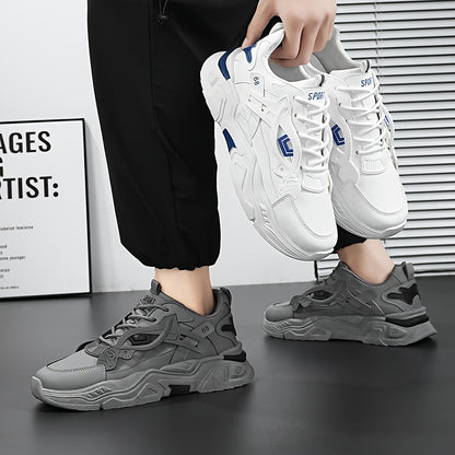 Men's White  Blue Geometric Accent Casual Sneakers - Low-Top Lace-Up Breathable PU Upper, Cushioned EVA Insole  Durable Rubber Sole for All-Season Casual Attire, Shoes Sneakers, Allseason Footwear, Sleek Shoe Design, Fabric