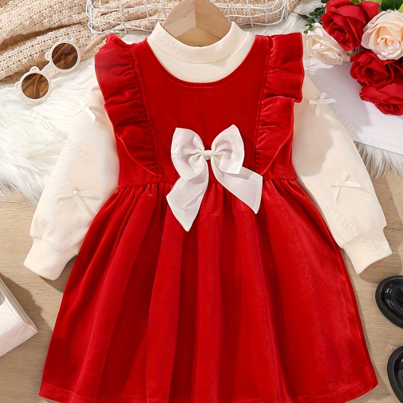 2pcs Girls' Winter Dress & Smock Dress Set - Elegant Bow & Ruffled Umbrella Outfit, 2pcs Blouse Dress with Round Neck Long Sleeve Dress for, Christmas Parties & Casual Attire - to (Hand Washable), Perfect for Outdoor