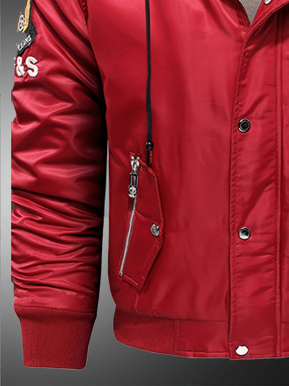 Men'S Heavyweight Winter Jacket with Detachable Hood & 3D Lettering - Full-Zip Windproof Coat, Multi-Pocket Design, Machine Washable