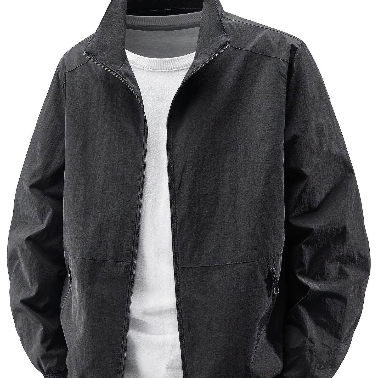 Men'S Olive Green Bomber Jacket with Stand Collar - Casual, Comfortable, Zip-Up Outerwear for Outdoor Activities, Casual Attire|Stand Collar Jacket|Zippered Jacket