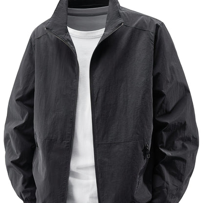 Men'S Olive Green Bomber Jacket with Stand Collar - Casual, Comfortable, Zip-Up Outerwear for Outdoor Activities, Casual Attire|Stand Collar Jacket|Zippered Jacket