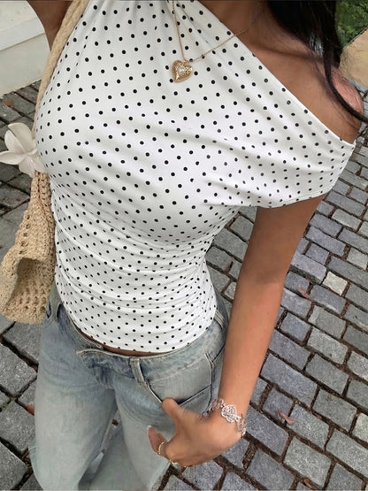 Petite Elegant Polka Dot One-Shoulder Sleeveless Top for Women