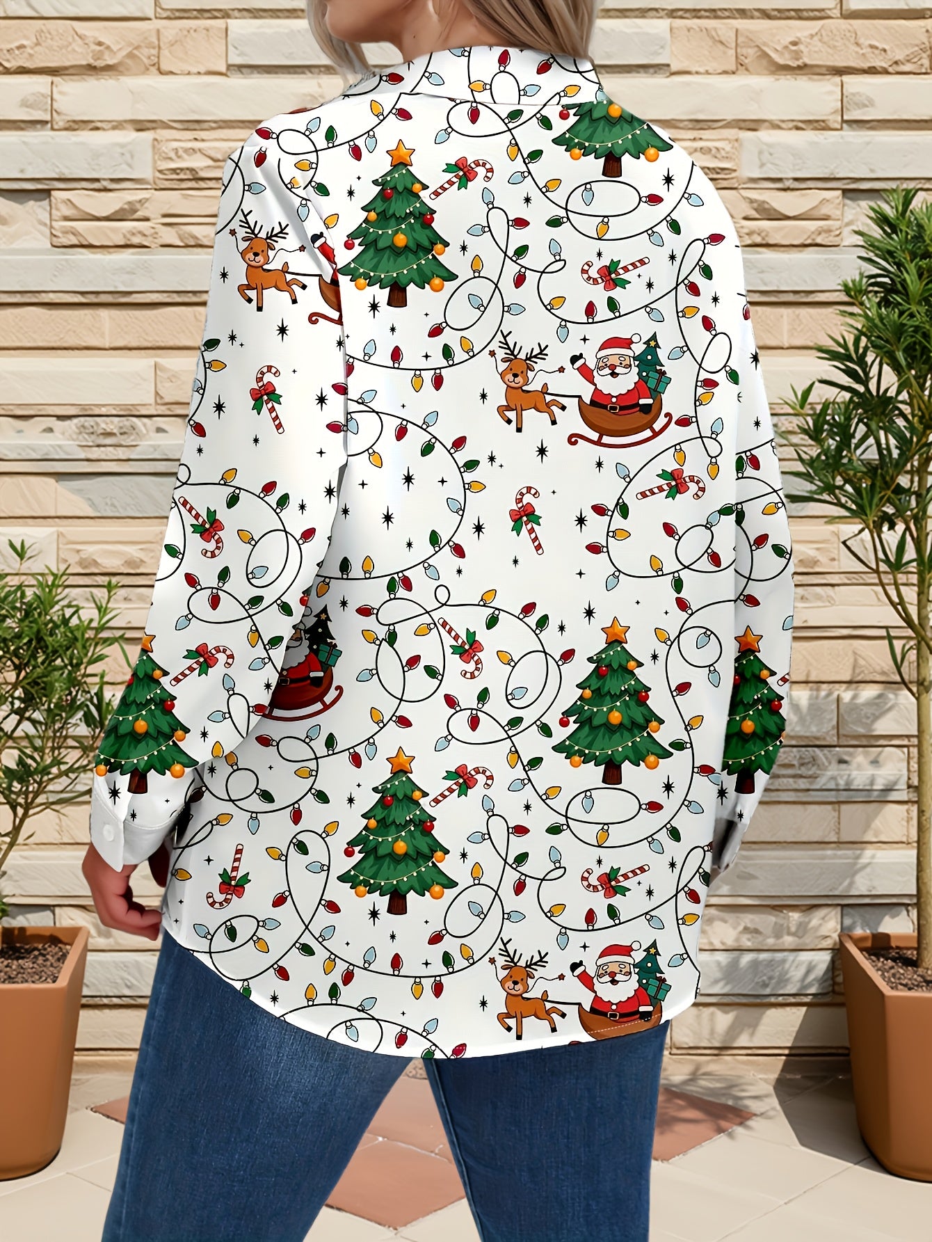 Plus Size, Women's Plus Size Winter Deer & Moose Print Blouse - Long Sleeve Christmas Party Shirt with Collar & Button Front, Red & Black Nordic Winter Pattern, Machine Washable Elegant Casual Holiday Outfits for Christmas &