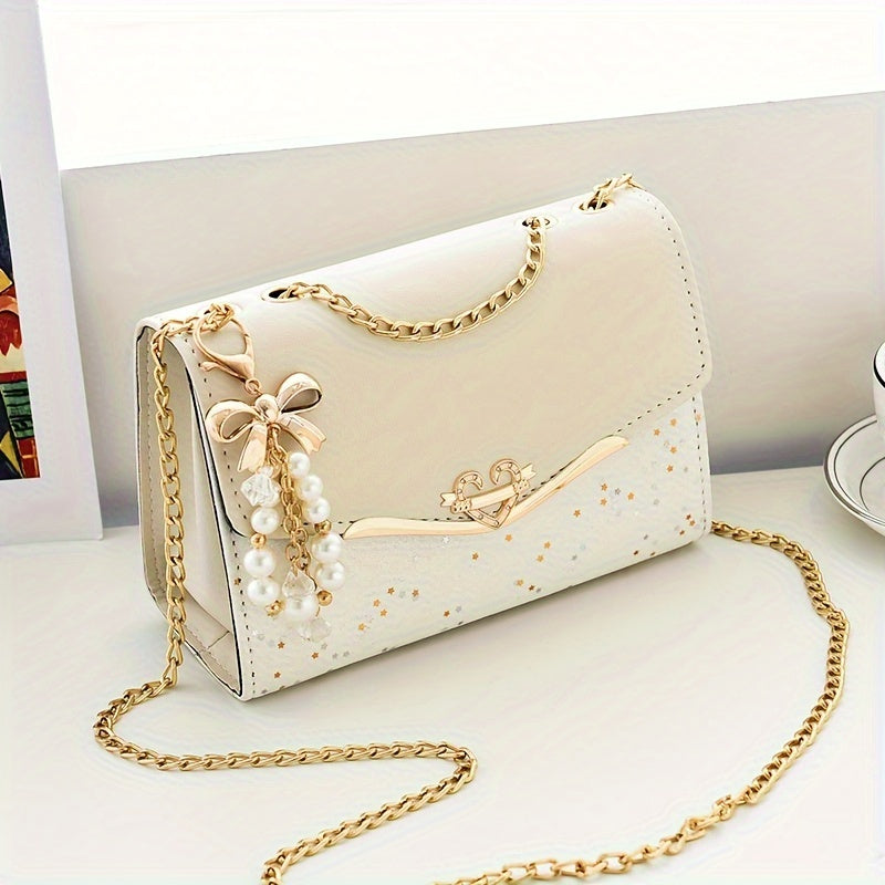 Elegant Women'S Sequin Chain Crossbody Bag - White Shoulder Purse with Golden-Tone Hardware & Decorative Pendant, Perfect for Festivals & Parties, Festival Shoulder Bag | Elegant Chain Strap | Decorative Pendant, Novelty Purs