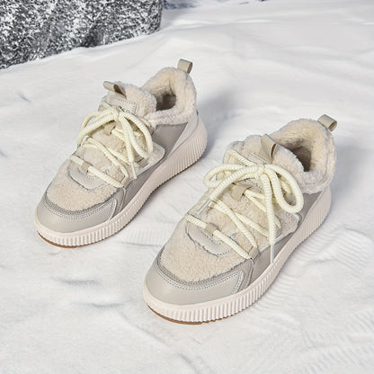 Women'S Cozy Fleece-Lined Low-Top Ankle Boots - Warm, Stylish, and Comfortable for All Seasons, Casual Lace-Up Design with Thick Rubber Sole, Beige, Casual Footwear | Stylish Ankle Boots | Plush Lined Interior