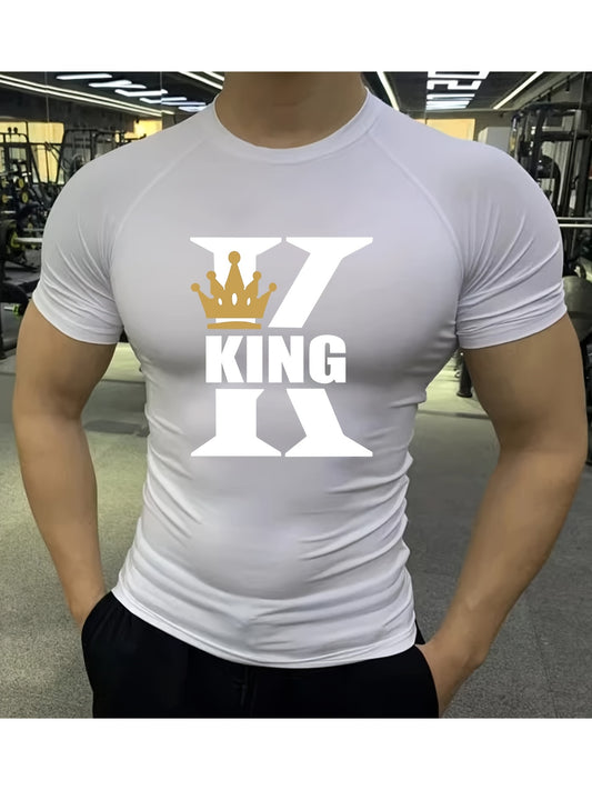 Men'S High-Elastic Breathable Short Sleeve Athletic Shirt - Summer Running  Training Top with "KING" Crown Print, High Stretch Microfiber, White, Gym Wear   Bold Design   Subtle Sheen Finish, Gym Wear Shirts
