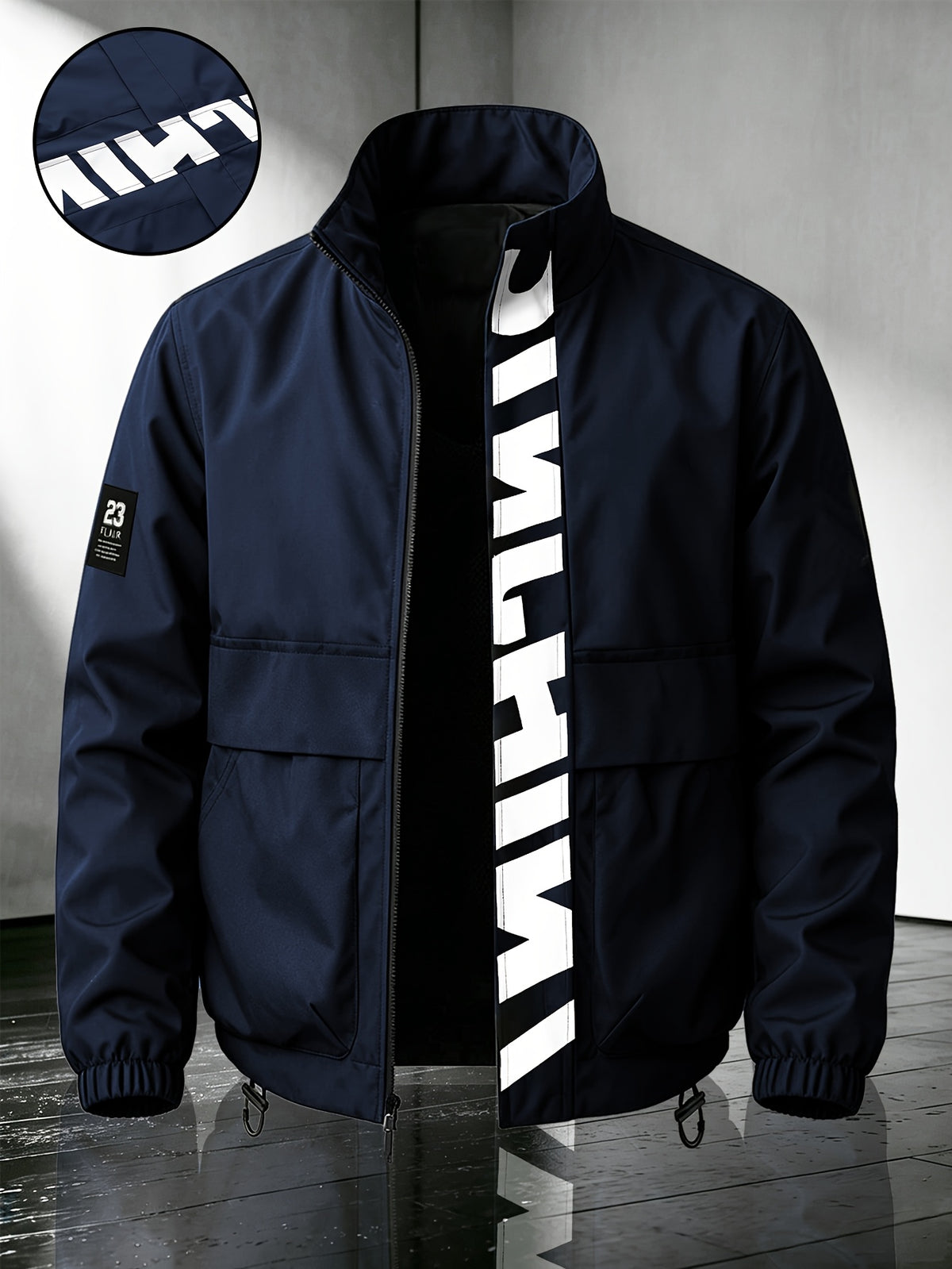 Men's Casual Polyester Bomber Jacket with Stand Collar