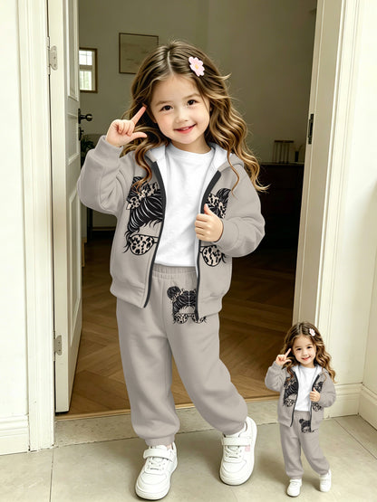 Girls Zip-Up Hoodie and Pants Set Lightweight Casual Outfit