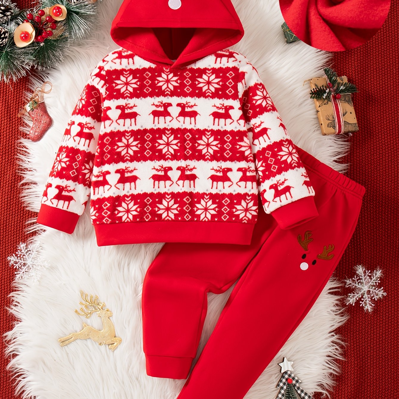 Boys' Casual Christmas Pattern Embroidery Design Regular Fit Hooded Long Sleeve Sweatshirt and Pants Set Fleece Jacket Outfit for Autumn/Winter, Perfect for Outdoor