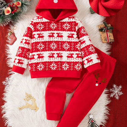 Boys' Casual Christmas Pattern Embroidery Design Regular Fit Hooded Long Sleeve Sweatshirt and Pants Set Fleece Jacket Outfit for Autumn/Winter, Perfect for Outdoor