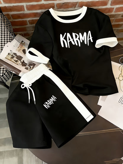 KARMA Summer Casual Set: Color-Block Top & Drawstring Shorts