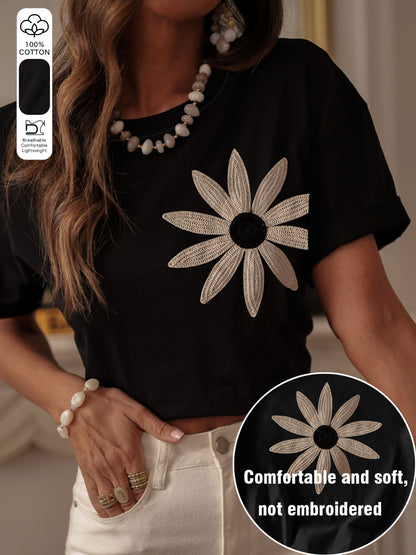 Women's Casual 100% Cotton Floral Round Neck T-Shirt Summer