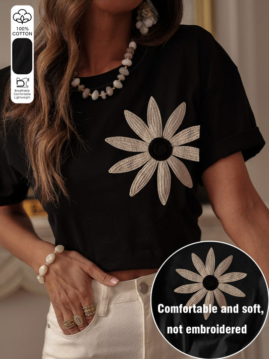 Women's Casual 100% Cotton Floral Round Neck T-Shirt Summer - ayq