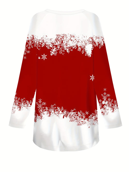 Women's Plus Size Winter Snowflake T-Shirt - Round Neck Short Sleeve Blouse with Red & White Color Block, Soft Fabric, Machine Washable Sweater Top for Fall and Cold Weather Outfits - Elegant Casual Wear for larger Body Types