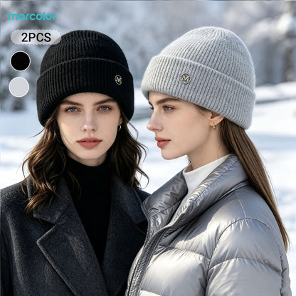 2-Pack Women's Ribbed Knit Beanie Hats with Metal Badge
