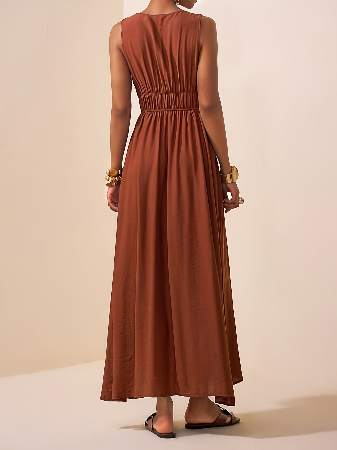 Elegant Summer V-Neck Beaded Sleeveless Waist-Cinching Dress