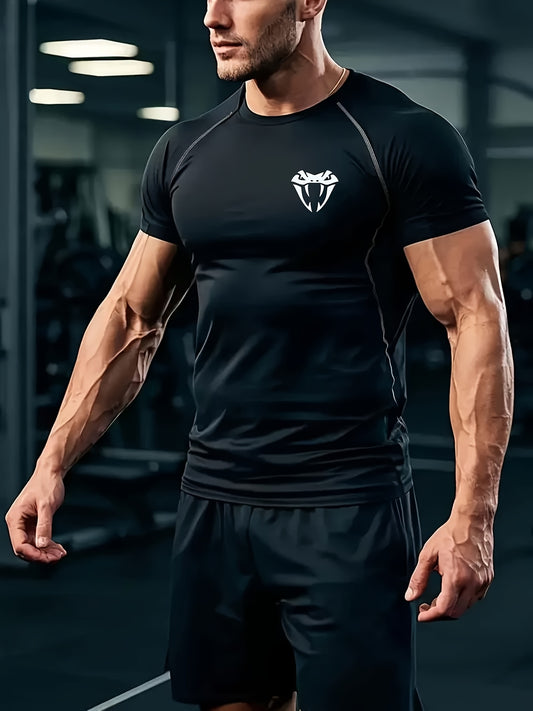 Men'S Quick-Dry Athletic Compression T-Shirt with Serpent Head Logo - Short Sleeve, High Stretch, Breathable Fabric for Running  Workout, Blue