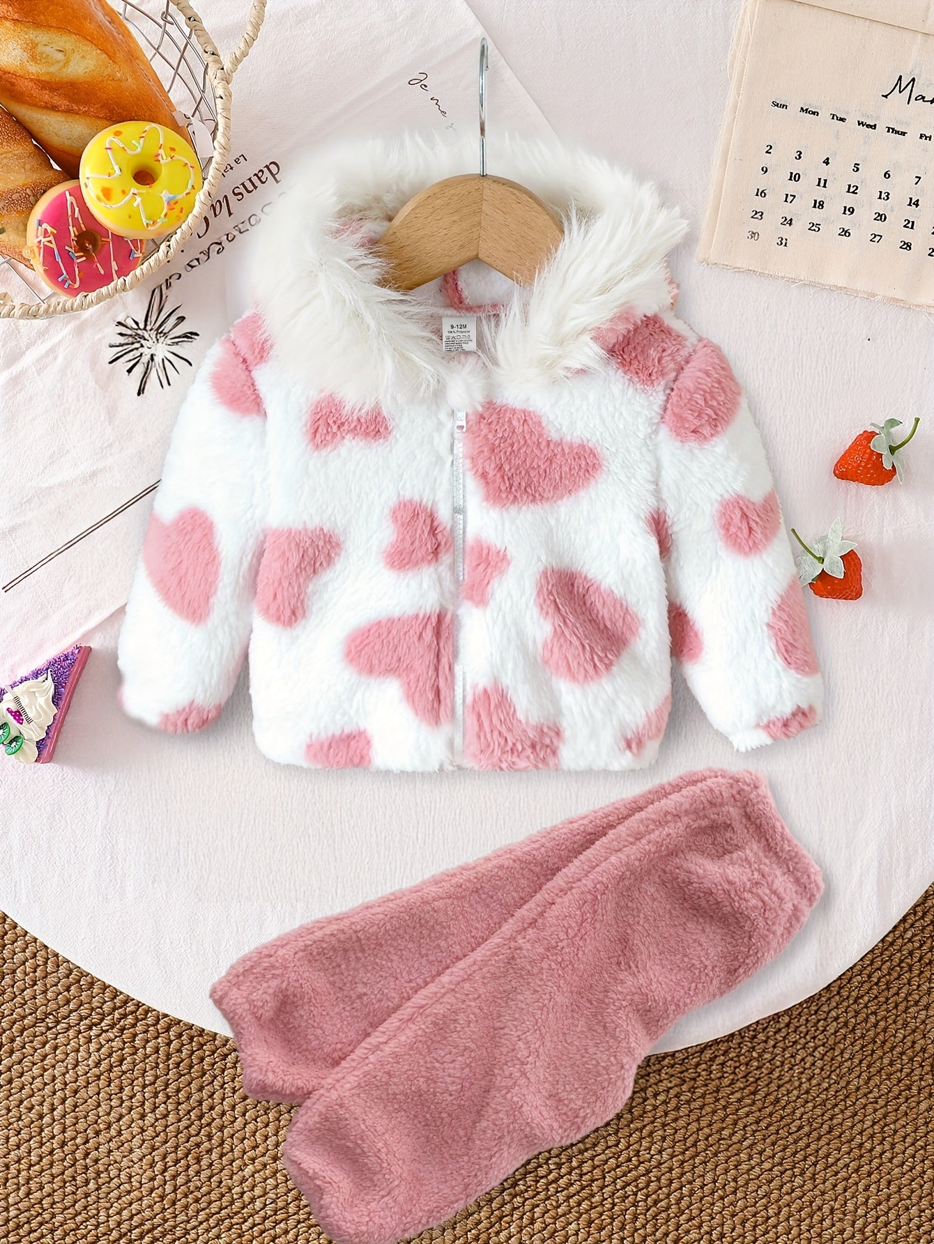 A Set of Warm Clothes for Baby Girls, Warm Hooded Fleece Jacket, Cardigan Top + Elastic Waist Warm Pants, Autumn And Winter Style, Cute Cold-Proof Jacket for Girls, Fur Zipper Outerwear, Outdoor Clothing Set, Newborn Children