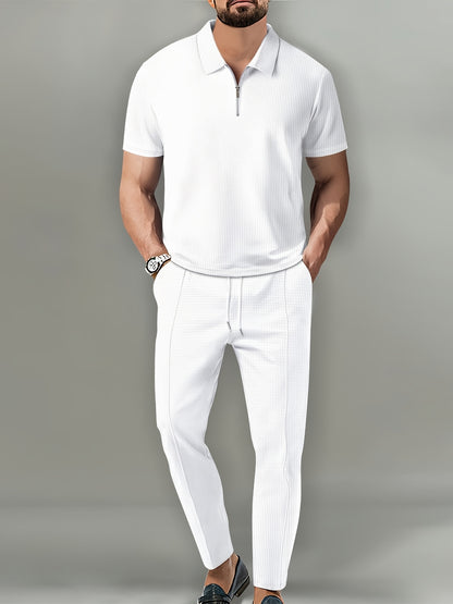 Men's Waffle Knit Quarter-Zip Polo & Drawstring Pants Set