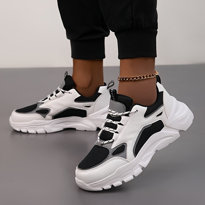 Men's Casual Athletic Sneakers, Lightweight Breathable Lace-Up EVA Sole Low-Top Sneakers, Black  White Color Block