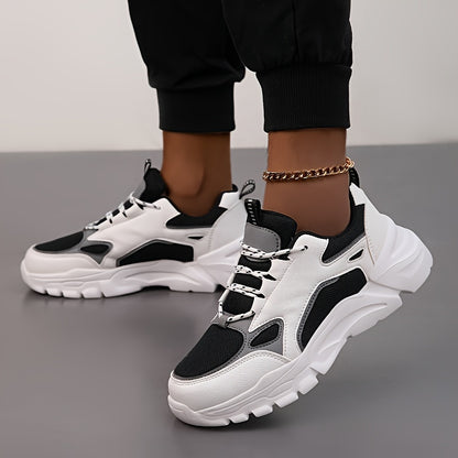 Men's Casual Athletic Sneakers, Lightweight Breathable Lace-Up EVA Sole Low-Top Sneakers, Black  White Color Block