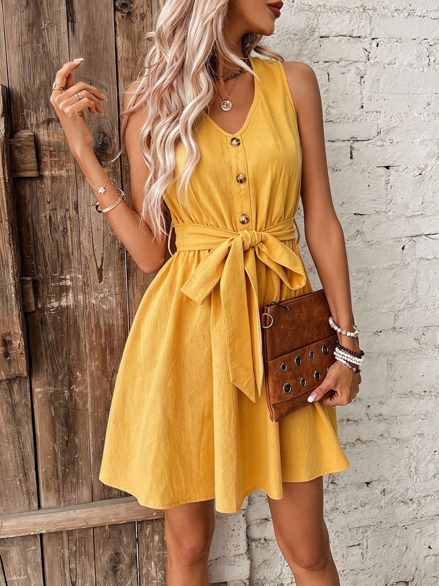 Elegant Sleeveless Apricot Cotton Midi Dress with Belt for Women