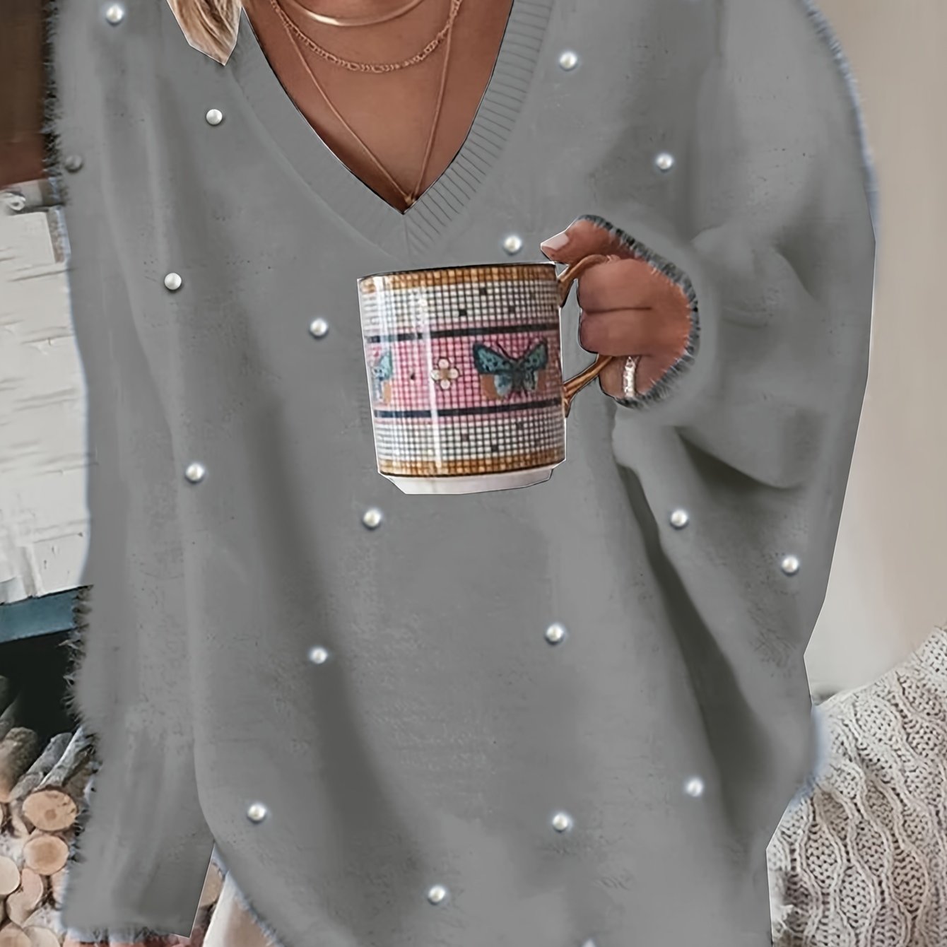 Plus Size - Women'S Cozy Yellow V-Neck Sweater with Pearl Buttons & Fleece-Lined Cuffs - Asymmetrical Hem, Geometric Pattern, Casual Winter Pullover for Casual Attire, Winter Apparel | Vneck Sweater | Pearl Button Details, Sw