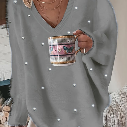 Plus Size - Women'S Cozy Yellow V-Neck Sweater with Pearl Buttons & Fleece-Lined Cuffs - Asymmetrical Hem, Geometric Pattern, Casual Winter Pullover for Casual Attire, Winter Apparel | Vneck Sweater | Pearl Button Details, Sw