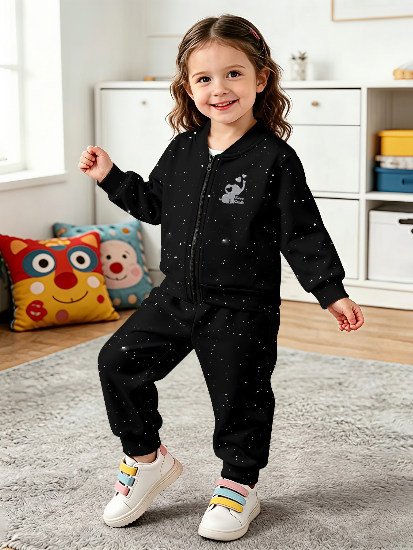 Starry Elephant Print Jacket & Pants Set for Baby Girls