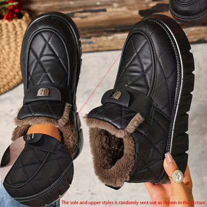 Autumn Winter Plush Lined Thick Warm Snow Boots, Versatile Outdoor Slip-On with Block Heel, Comfortable Round Toe for Casual Daily Use and Cold Weather Hiking