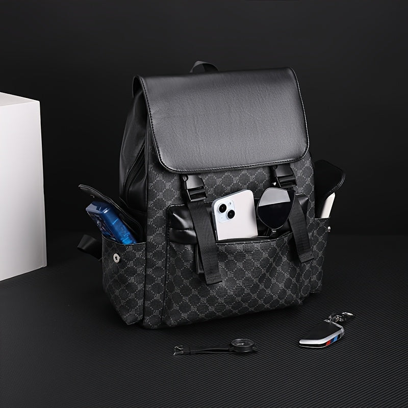 Men'S Stylish Black  Brown Gingham Print Backpack - Versatile Commuter Bag with Multiple Pockets, Adjustable Straps, and Golden-Tone Hardware for Work, Travel, and Study, Travel Backpack   Gingham Pattern   Synthetic Backpac