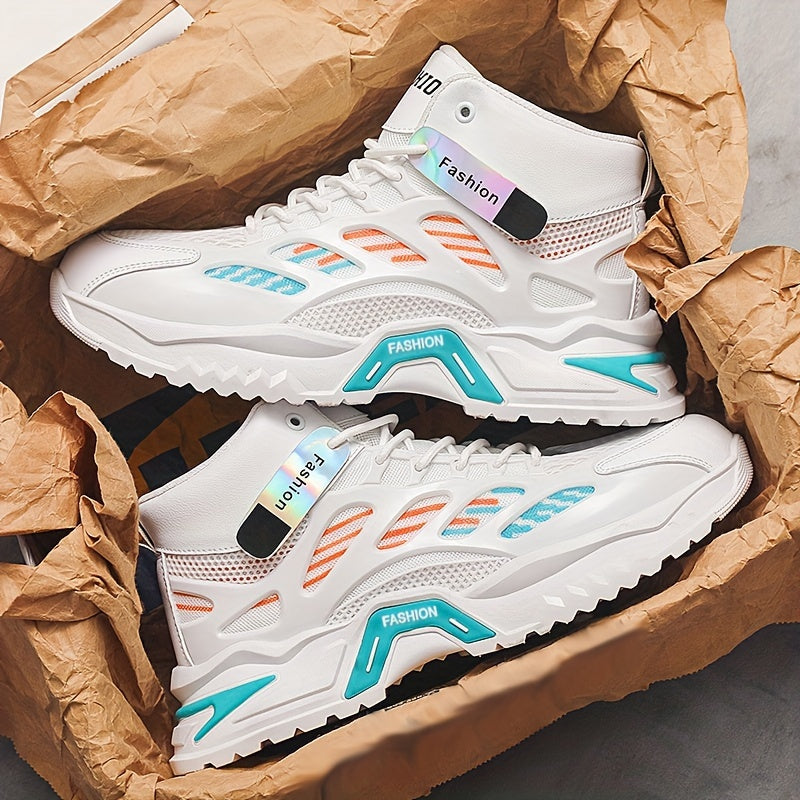 Fashion Mid-Top Sneakers for Men - Casual Street Style Athletic Shoes with Graphic Pattern, Lace-Up Closure, All-Season Round Toe Trainers with PU Upper, Fabric Lining  Insole, Anti-Slip PVC Sole