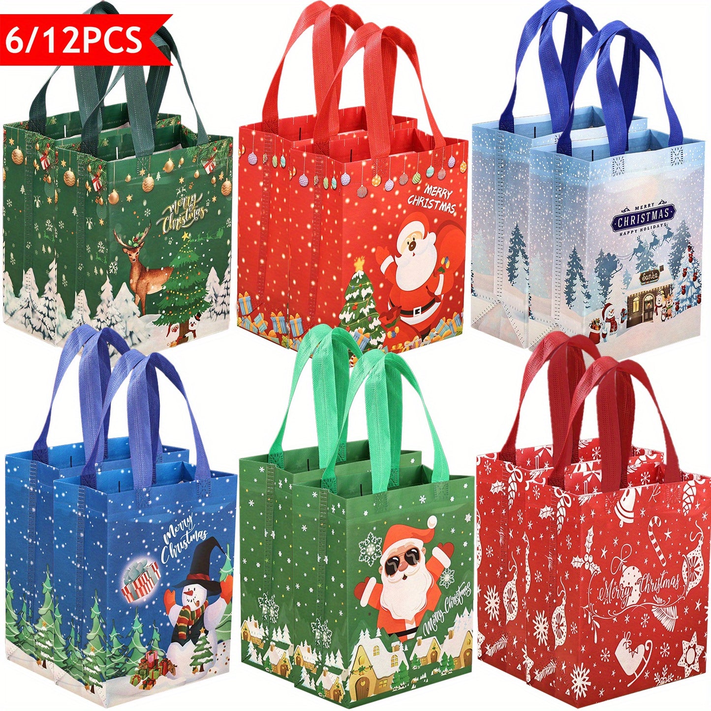 6/12pcs Christmas Gift Bags with Handles, Medium Reusable Non-Woven Tote Bags for Wrapping Gifts or Party Favors, New Year Shopping Bag, 25×20×10cm